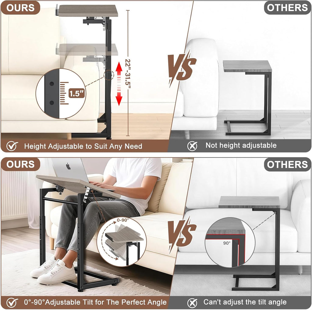 Upgrade Tv Tray Table Set of 2, 8-Level Adjustable Height Couch Side Table, 90° Tilt Angle Foldable C-Shaped End Table with Phone & Tablet Slot for Sofa, Bed, Chair Living Room (Lvory Gray） - Image 6