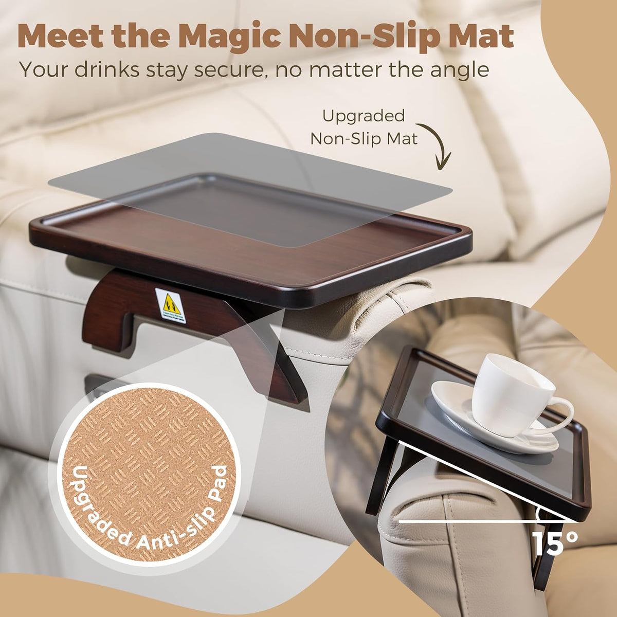 Couch Armrest Table, Foldable Bamboo Sofa Arm Tray for Couch with a Non-Slip Pad, Clip On Couch Arm Table for Remotes/Eatting/Drinks, Fits Sofa Armrest 3.5"-13.5" Brown - Image 3