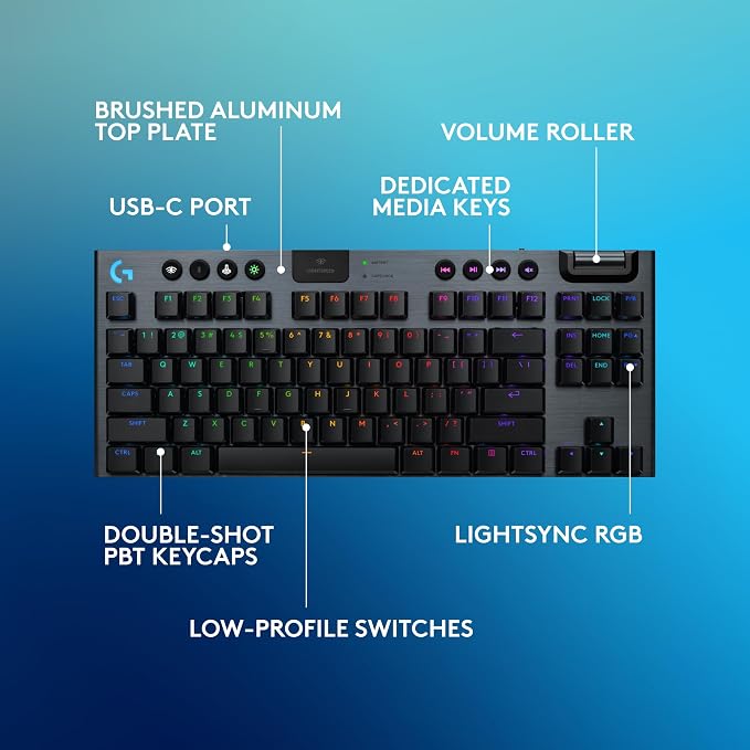 Logitech G915 X Lightspeed TKL Wireless Gaming Keyboard (Tactile) - Black | Low Profile, Mechanical Switches, Double-Shot PBT Keycaps, RGB lighting, Aluminum finish, PC/Mac Compatible - Image 6