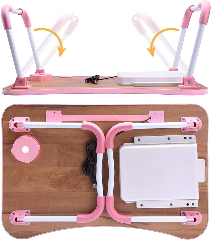 Slendor Bed Desk for Laptop and Writing with Storage, Cup Holder, Light | Fan, Pen Holder,Tablet Holder,Foldable, for Bed, Couch, Floor, Portable,Pink - Image 7