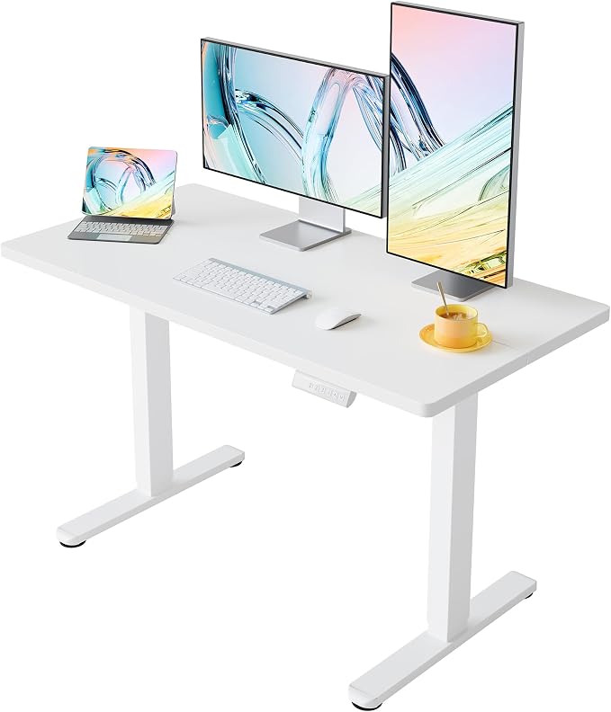 HUANUO 43x24 Inch Electric Standing Desk, Height Adjustable, White | 176 Lbs Capacity, Smooth Home Office Desk, 4 Memory Presets & Headphone Hooks, 28.3–46.5 Inch Height Range, Easy to assemble by HUANUO