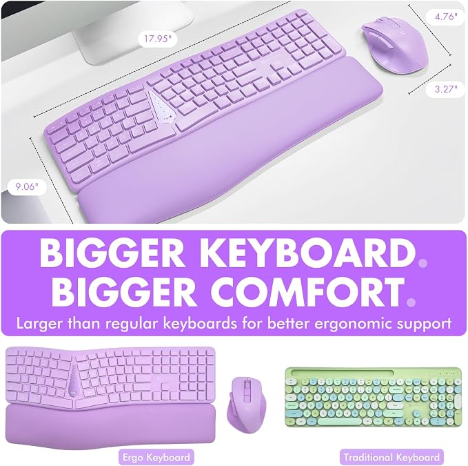 X9 Ergonomic Keyboard and Mouse Wireless Combo - Purple Keyboard and Mouse Wireless, Bluetooth/2.4G Split, Wrist Rest, Rechargeable, Silent Ergo Keys - PC, Mac, iOS, Android - Image 6