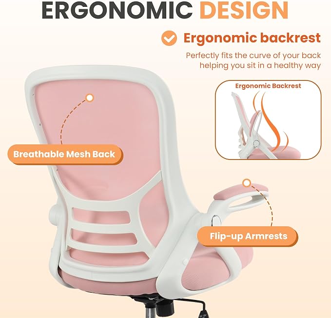 Drafting Chair Tall Office, Ergonomic Standing Desk Stool Adjustable Big and Tall Drafting Office Chair with Flip-Up Armrests, Mesh, Pink - Image 4
