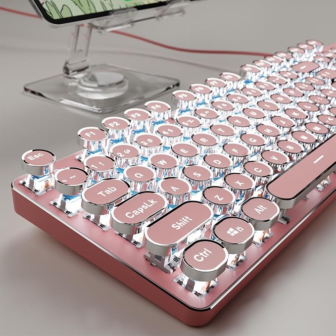 SEUNKWANG Typewriter Style Mechanical Gaming Keyboard with White Backlit, Wired Retro Punk Computer Keyboard Durable Metal Panel, Clicky Blue Switch, Round Keycaps, Full-Size for PC/Desktop/Win, Pink by SEUNKWANG