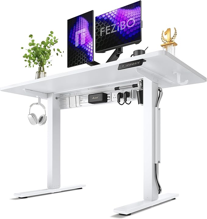FEZIBO Electric Standing Desk with L-Shaped Crossbar & Cable Management System, 48 x 24 Inches Sit Stand up Desk, Adjustable Height Standing Desk for Home Office, White by FEZIBO