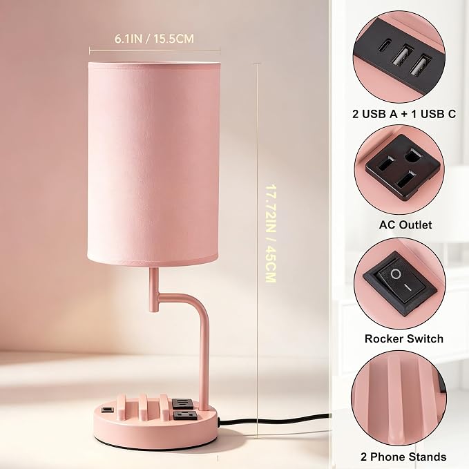 Dreamholder 2 Pack Table Lamp, Bedside Lamp with 3 USB Charging Ports & AC Outlet, USB Desk Lamp with 2 Phone Holders, Linen Fabric Shade Nightstand Lamps for Bedroom Living Room Office, Pink - Image 2