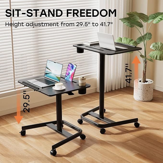 JOY worker Rolling Standing Desk, 60° Tiltable Mobile Laptop Desk, Black | Pneumatic Height Adjustable Cart, Portable Stand Up Desk with Wheels & Cup Holder for Office Home School, Holds Up to 22lbs - Image 4