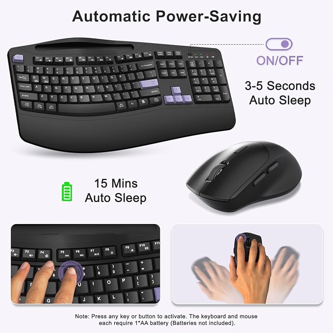 Wireless Keyboard and Mouse Combo, Full Size Ergonomic Wave Keys(Purple-B) | 2.4G Ergonomic Keyboard with Wrist Rest, Phone Holder, 3-Level DPI Silent Mouse with 6-Buttons, for Windows/Mac OS/Laptop/PC - Image 6