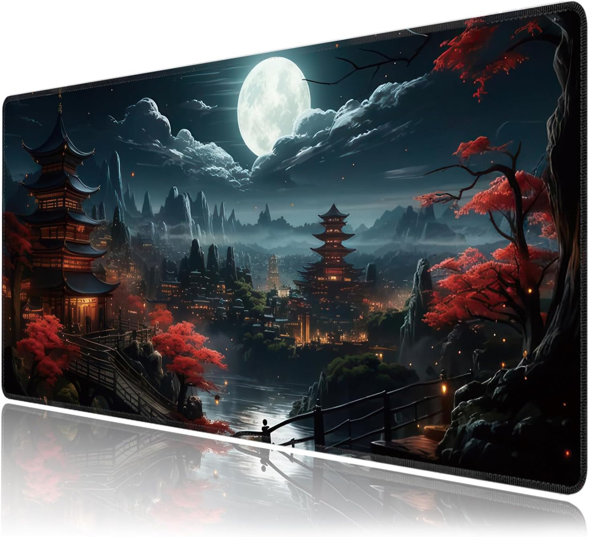 Japanese Full Moon Large Mouse Pad,Gaming Keyboard Desk Pad,Extended Mouse Mat Non-Slip Rubber Base with Stitched Edges for Office Game Home XXL 35.4"x15.7" by BAHDSISFA