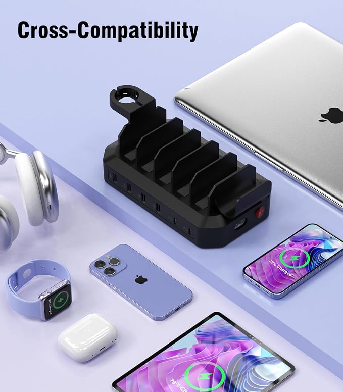 95W Fast Charging Station for Multiple Devices, 6-Port USB Charging Dock | Patent & Safety Certs, 2 PD Ports, With 8 Cables, 2 Stands, Compatible with Cellphones/iPad/MacBook/Kindle/Tablets - Image 7