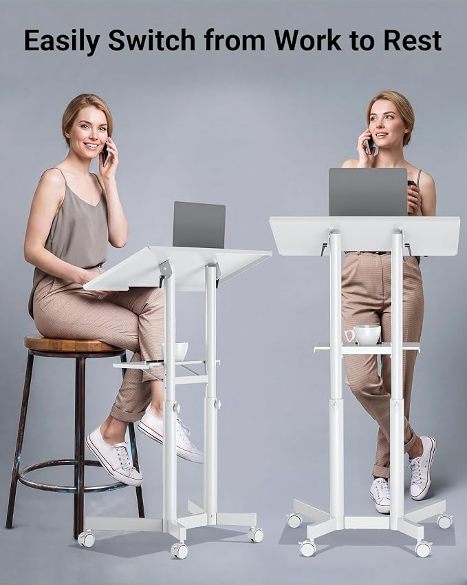 BONTEC Lecterns & Podiums Portable Mobile Standing Laptop Desk, Sit Stand | Height Adjustable, Home Office Classroom Pulpit Stand Up Desk Workstation, Rolling Table Laptop Cart with Storage Tray, White - Image 7