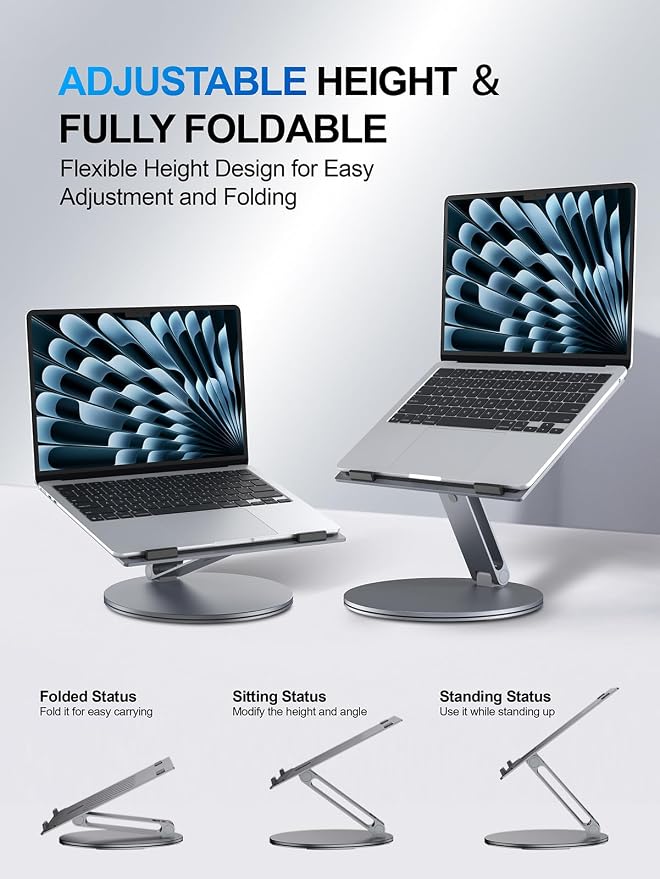YICOSUN Laptop Stand for Desk, 360° Rotating Height Adjustable Computer Stand, Ergonomic Aluminum Laptop Riser with Ventilated Cooling, Foldable for 10-16 inch MacBook Pro Air Neo Dell HP - Gray - Image 7