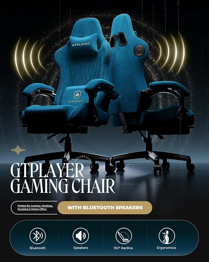 GTPLAYER Gaming Chair with Speakers, Video Game Chairs with Footrest, PC Gamer Chairs for Adults - Padded High Back Ergonomic Reclining Silla Gamer, Linkage Armrest, Ace Pro, Blue (Velvet) - Image 3