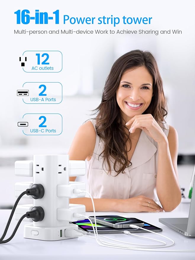 Tower Power Strips with Surge Protection, 6FT Flat Extension Cord with Multiple Outlets, 12 AC 4 USB Ports, Overload Protection Charging Station for Office Home Dorm Room Travel (White) - Image 2