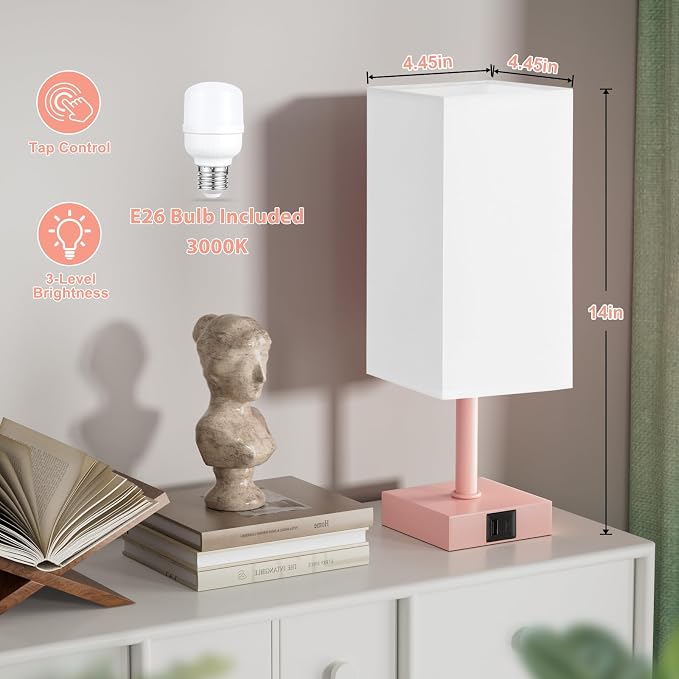Touch Table Lamp for Bedroom - Dimmable, USB C+A, White Lamphade Pink Base | 3-Way Dimmable, 3000K LED Bulb Included, Square Lampshade, Cute Room Decor for Teen Girls, Kids, Small Lamp for Dorm, Nursery - Image 2