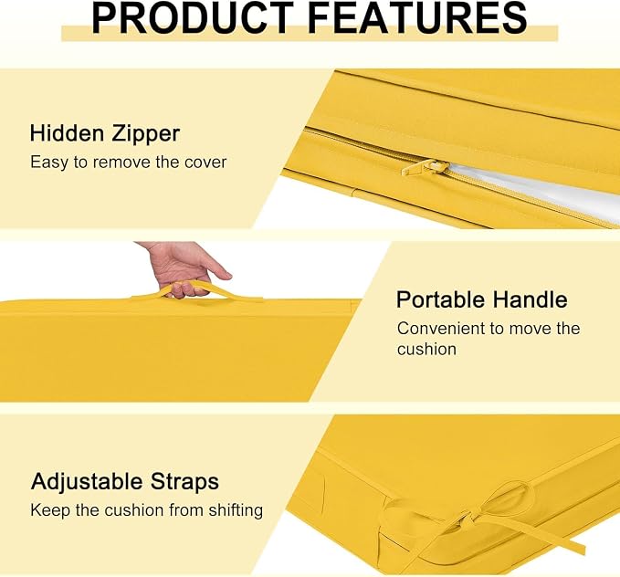 downluxe Waterproof Outdoor Chair Cushions for Patio Furniture, 22" x 22" x 3" Patio Chair Cushion with Adjustable Ties & Portable Handle, Square Outdoor Cushion with Removable Cover, Yellow, 2 Pack - Image 5