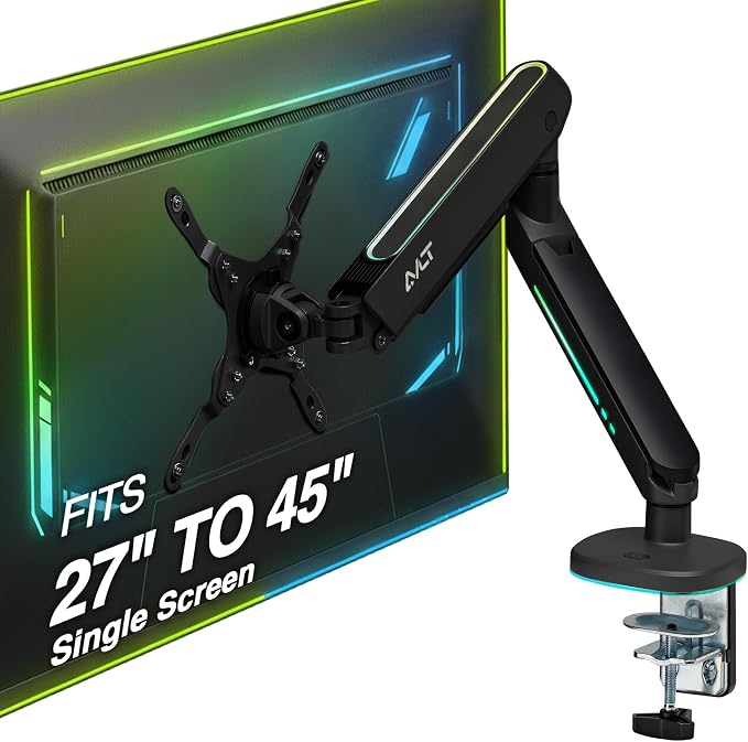 AVLT Single 27”-45” RGB Gaming Monitor Arm Desk Mount -Black | Built-in 20 Lighting Modes Touch Button Control Fits Flat/Curved/Ultrawide Screen Height Swivel Tilt Rotation Adjustable by AVLT-USA