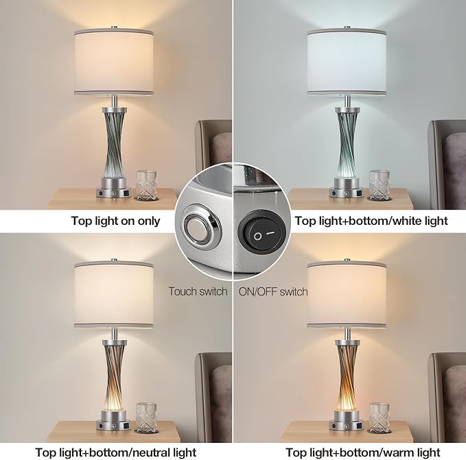 3-Way Dimmable Table Lamp Set of 2,Touch Control Lamp with Night Light,Modern Crystal Table Lamps for Bedroom,Living Room，Bedside Lamps with USB A+C Ports，Fabric Lampshade(Blubs Included) - Image 3