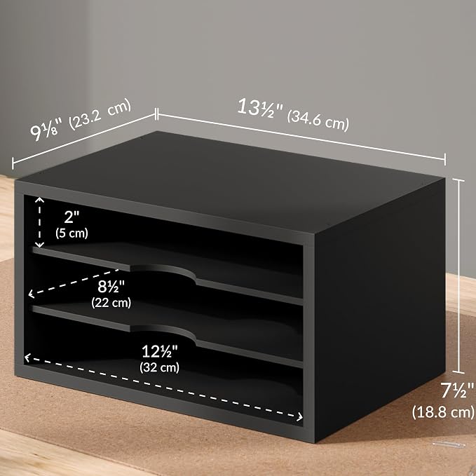 Ballucci File Organizer, 3-Tier Document Paper Sorter, Stackable Wood Desk Organizer, Mail Sorter and Monitor Stand with Storage Shelves, Black - Image 3