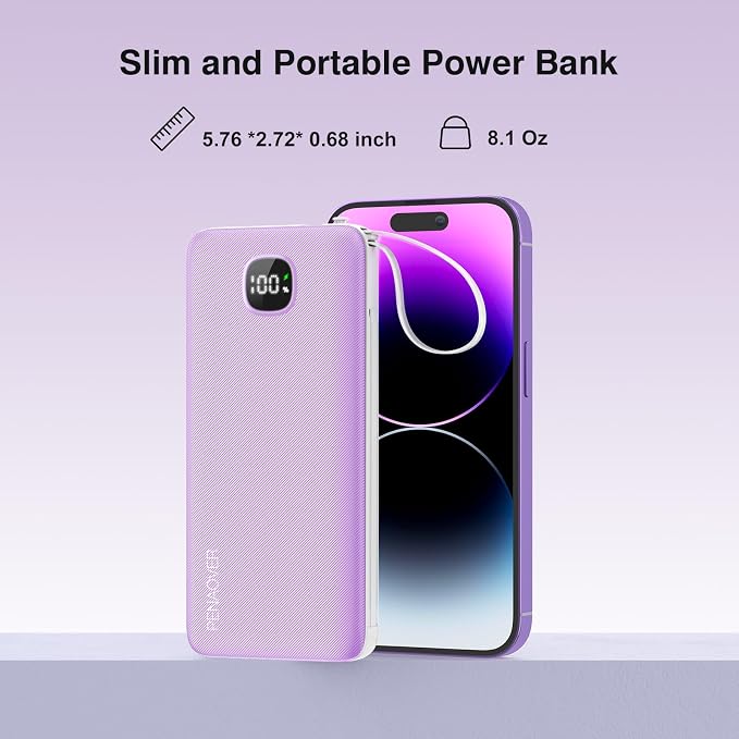 Portable Charger 10000mAh 22.5W Power Bank,Built-in 3 Cables & AC Wall Plug | Fast Charging, 0.68in Ultra Slim,Charge 5 Devices,TSA Approved Travel Essential Battery Pack for iPhone/Samsung/Android - Image 7