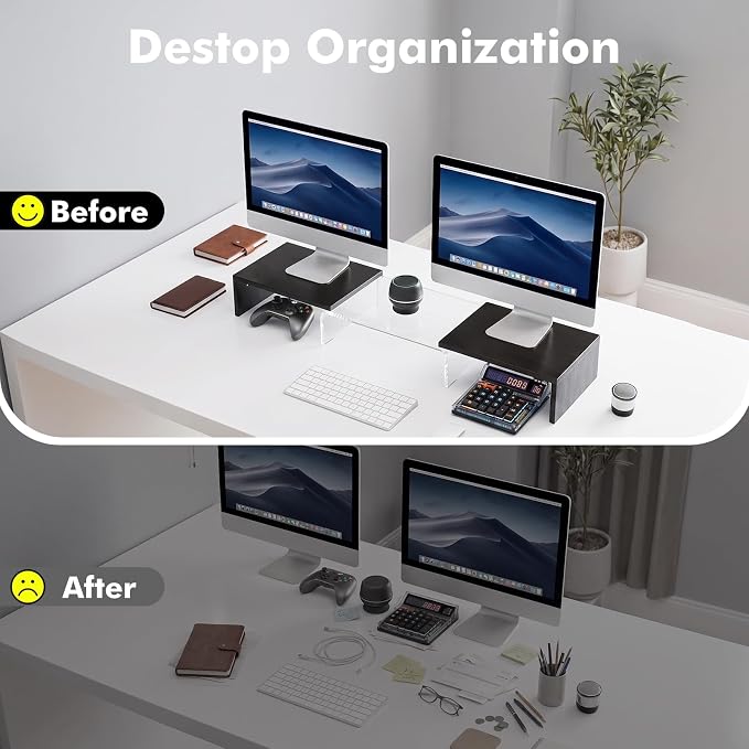 Dual Monitor Riser, Acrylic Monitor Riser, Adjustable Angle & Length Computer Monitor Stand, Wide Desk Shelf for Top of Desk for Home Office_Black Maple Look Small - Image 7