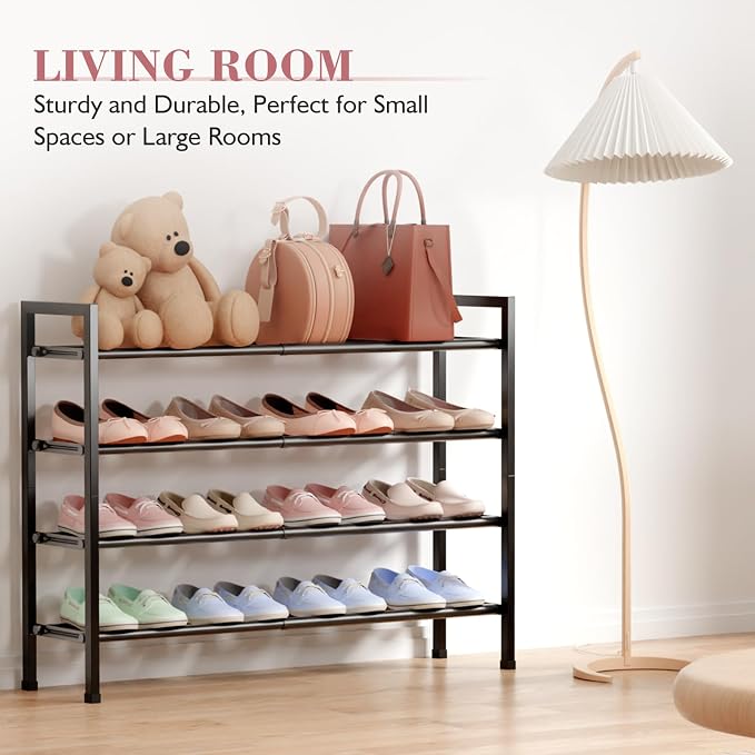 Bumusty 4 Tier Expandable Shoe Rack for Closet, Black | 18"-33" Adjustable Shoe Rack for Entryway, Small Shoe Organizer for Dorm, Front Door, Sturdy Metal - Image 4