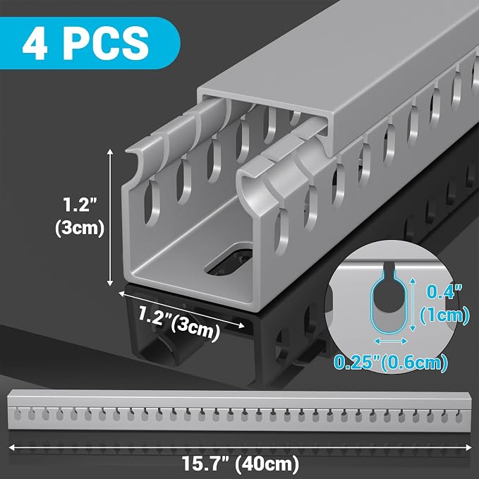 Open Slot Wire Duct Kit, 62.8"(4 x 15.7) Server Rack Cable Management, Cable Management Raceway for Hide Network HDMI VGA Cable, Wiring Raceway Cable Duct, Desk Wire Channel, 4 Pack, Grey - Image 2