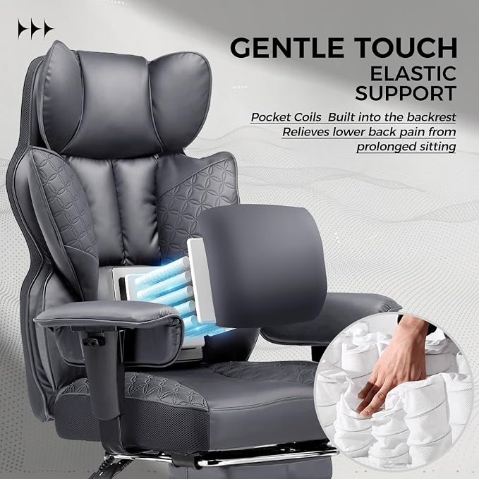 GTPLAYER Big and Tall Gaming Chair 400lbs Heavy Duty Office Chair with Foot Rest & Ergonomic Pocket Spring Lumbar Support, High Back 3D Saddle Shaped Cushion for Back Pain Relief, Grey - Image 4