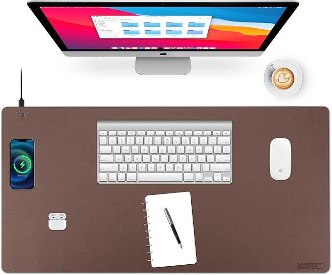 Wireless Charging Desk Mat, Mouse Pad, Brown-L, 36 * 17inch by ACOOFCGOU