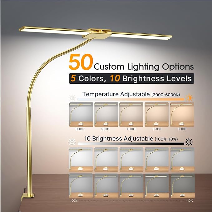 Syrinx LED Desk Lamp for Office Home, Dual Head Eye-Care Architect Lamp | Gesture/Wired Control, Flexible Neck, Bright Desk Light with Memory/Timer, 50 Lighting Modes for Study, Drafting, Gold - Image 2