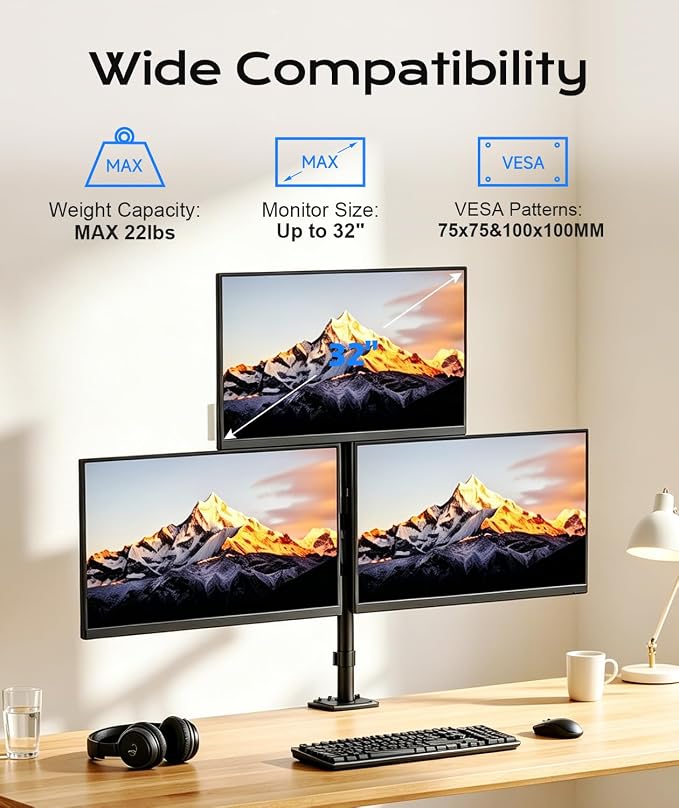Pholiten Triple Monitor Mount, 3 Gas Spring Arms for Up to 32" | Fully Adjustable Heavy Duty Cable Management Monitor Stand, Each Arm Holds 22 lbs - Image 2