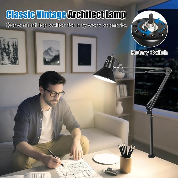 LED Clamp on Desk Lamp, 360°Adjustable Swing Arm Desk Lamp | Clamp Light with Eye-Caring LED Bulb for Home Office Reading Drafting - Image 5