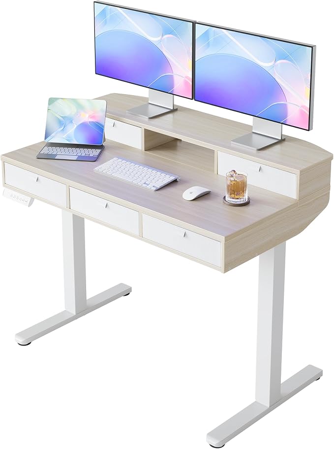 HUANUO 40 x 24 Inch Electric Standing Desk with 4 Drawers, Natural | 4 Drawers For Organized Storage, Raised Monitor Shelf, C-Clamp Mount Support, 4 Memory Presets, 28.3–46.5 Inch Height Range by HUANUO