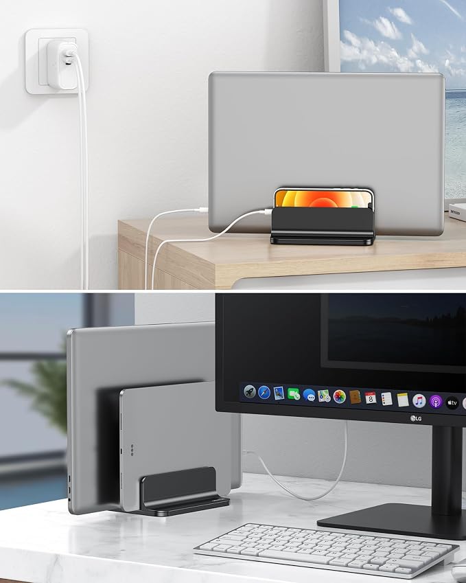OMOTON Dual Vertical Desk Laptop Stand Holder, Fits MacBook Air/Pro, Black | Aluminum Laptop Storage Rack for Desk, Adjustable Dock for Up to 17.3 in. Gaming Laptop, Space-Saving Desk Organizer - Image 6