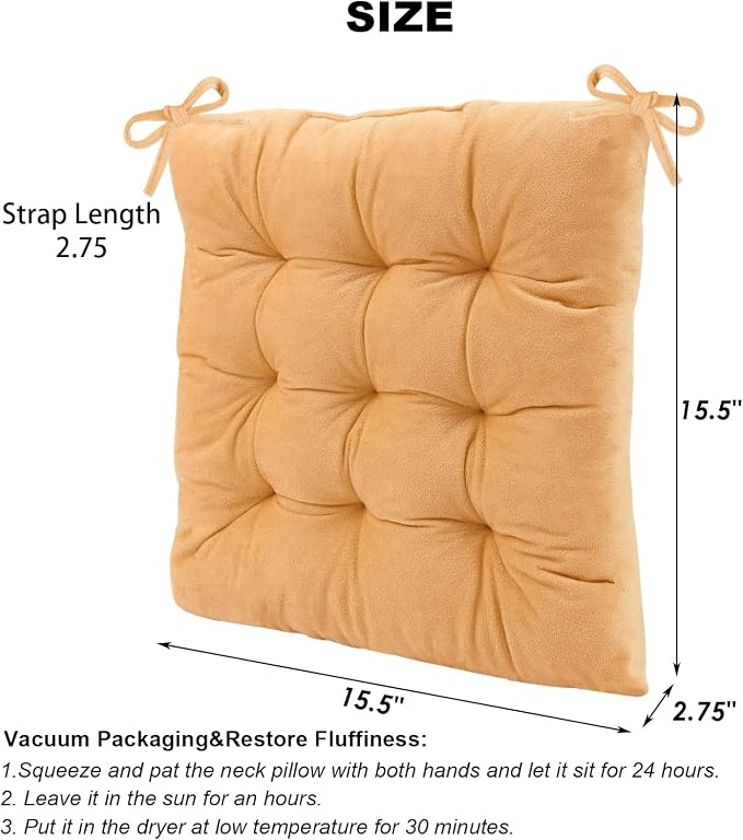 Set of 2 Chair Cushions for Dining Chairs with Ties, Indoor Non-Slip Kitchen Chair Pad and Dining Room Seat Cushion Mat for Office Living Room Outdoor 15.5" - Turmeric Yellow - Image 2