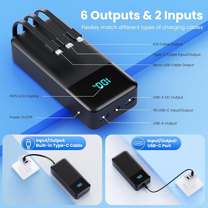 Portable Charger 50800mAh Power Bank with 3 Built in Cables,25W PD QC4.0 Fast Charging USB C Battery Pack,6 Outputs 2 Inputs Travel Essentials Portable Phone Charger for iPhone 17/16/15,Google,Android - Image 5