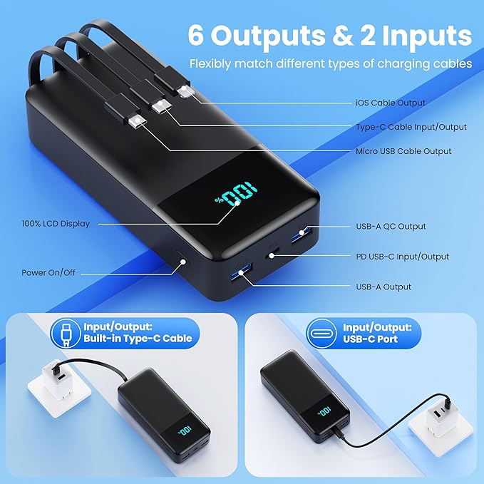 Portable Charger 70800mAh Power Bank with 3 Built-in Cable,25W PD USB C Power Bank Fast Phone Charging,QC4.0 Travel Outdoor Essential Portable Phone Battery Pack for iPhone 17/16/15/14,Galaxy Android - Image 4