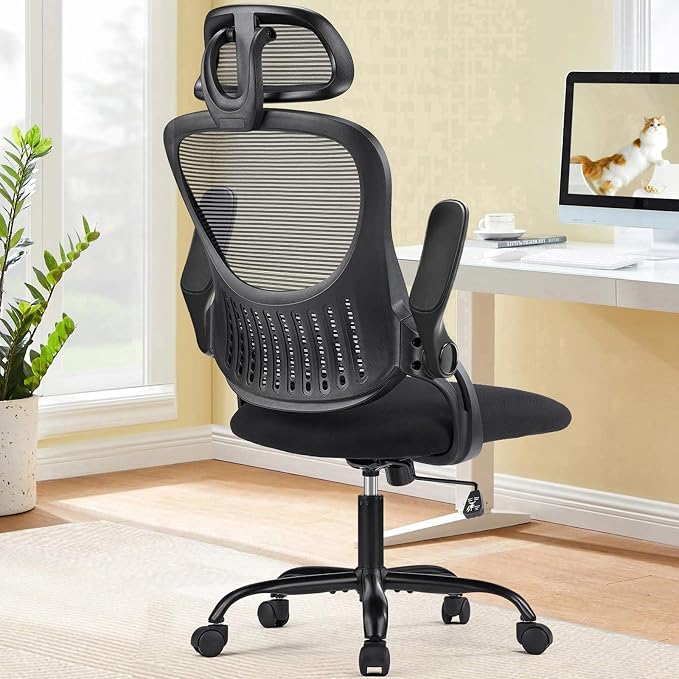 Sweetcrispy Computer Desk Chair, Mesh Office Chair with Lumbar Support | Ergonomic High-Back, Rolling Work, Adjustable Headrests, Flip-up Arms, Home Bedroom Study, Black by Sweetcrispy