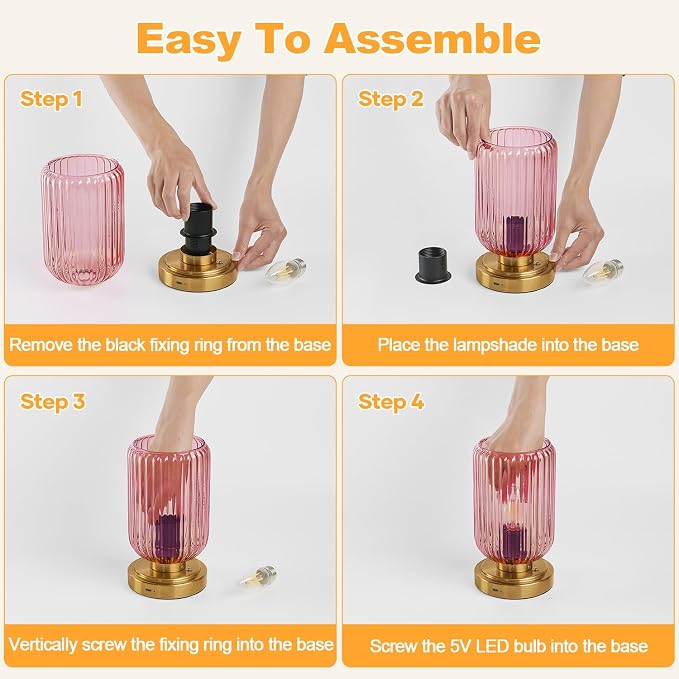 LightRound Cordless Table Lamp for Bedroom, Touch Stepless Dimmable | 7500mAh Rechargeable Battery, Pink Glass Shade, Brushed Gold Base, Bulb Included, Modern Wireless Lamp for Desk, Living Room - Image 7