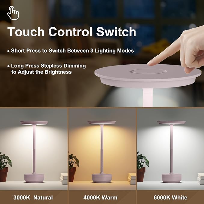 2 Pack Cordless Table Lamps Rechargeable, 5000mAh LED Table Light | Portable 3 Color Stepless Dimming Battery Powered Table Lamp with Memory Function for Restaurant/Home/Outdoor.(Light Pink) - Image 2