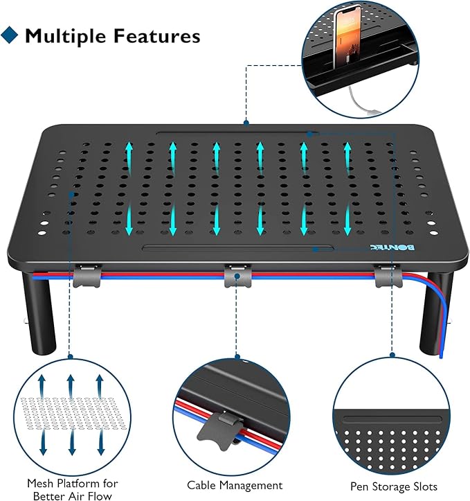 BONTEC 2 Pack Adjustable Monitor Stand Riser with Drawer, Supports 44lbs | Ergonomic Mesh Platform for Desk, Ventilated Laptop and PC Use with Cable Management for a Cooler, Organized Workspace - Image 3