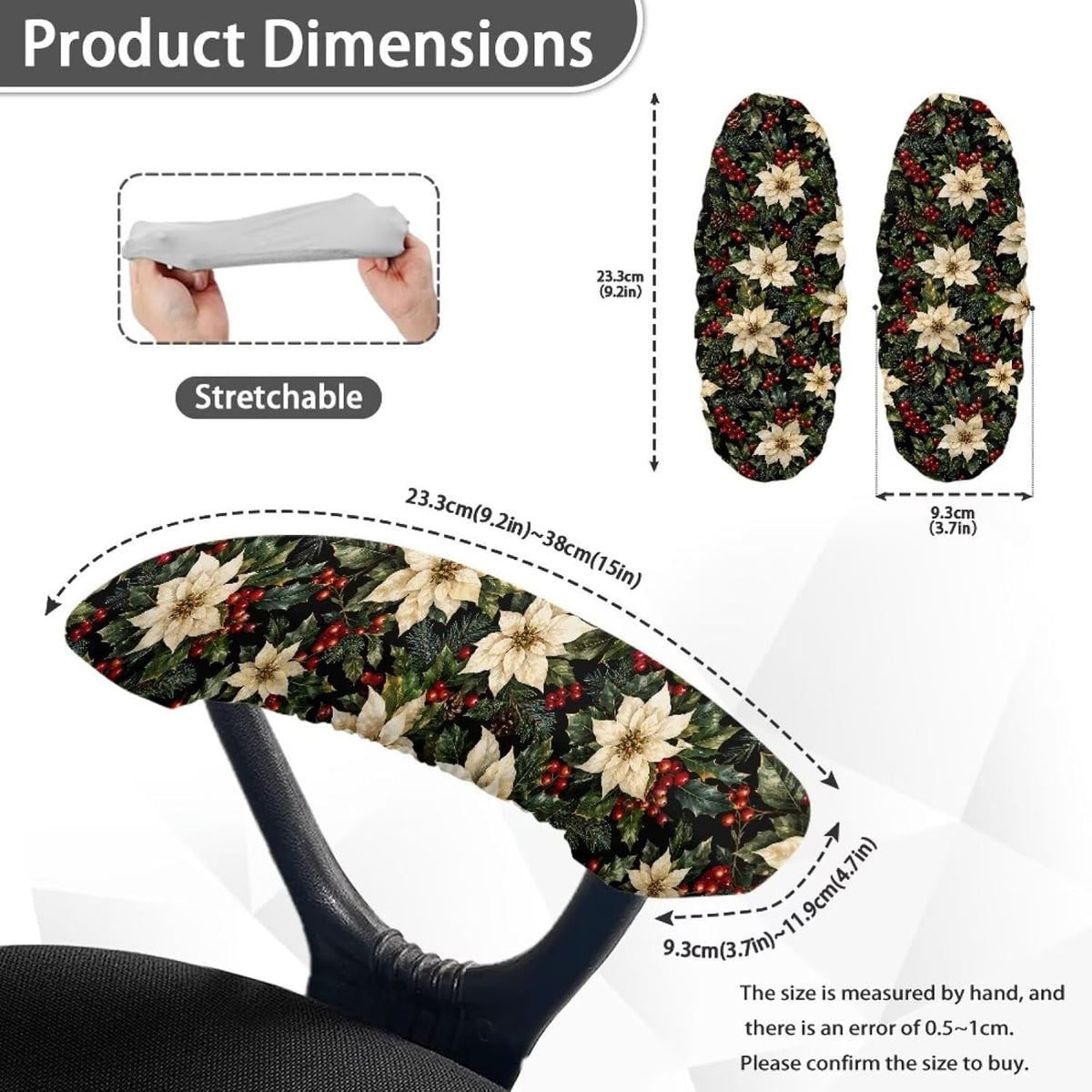Christmas Floral Print Office Chair Arm Rest Slipcover Sets of 2 Anti-Dust Gaming Chair Armrest Covers Universal Fits Rotating Desk Gaming Chairs, Easy to Install & Clean - Image 3