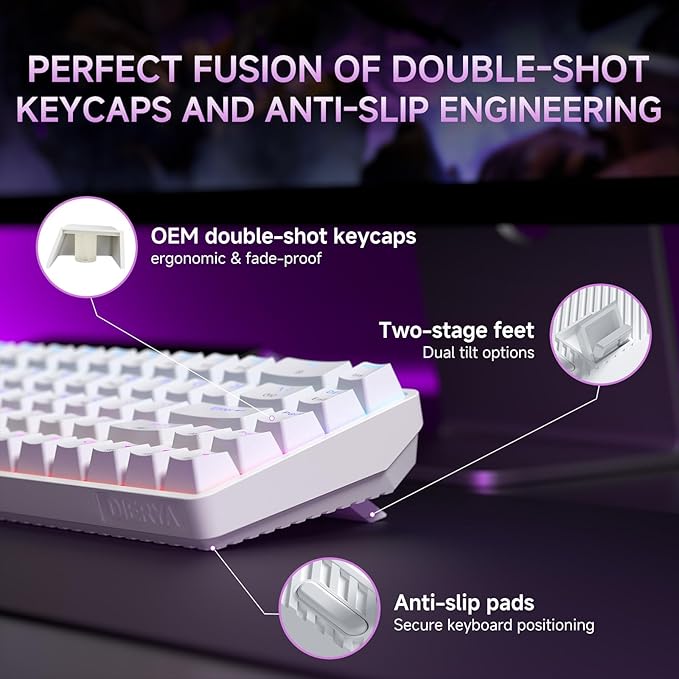 DIERYA DK68 60% Wireless Mechanical Gaming Keyboard, 3-Mode, Bluetooth 5.0/2.4G/USB-C, RGB Backlit, 68-Key Compact Mini for Windows, Mac, Linux - Clicky Blue Switch - White - Image 7
