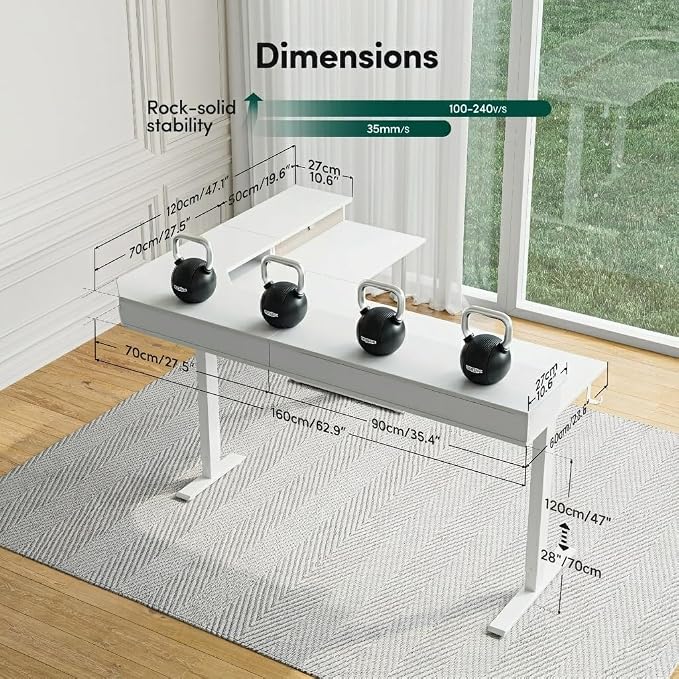 CubiCubi 63x48 Inches L Shaped Standing Desk with 3 Drawers and Monitor Shelf, Height Adjustable Corner Computer Desk with Hooks, Sit Stand Up Ergonomic Home Office Workstation Table, Warm White - Image 3