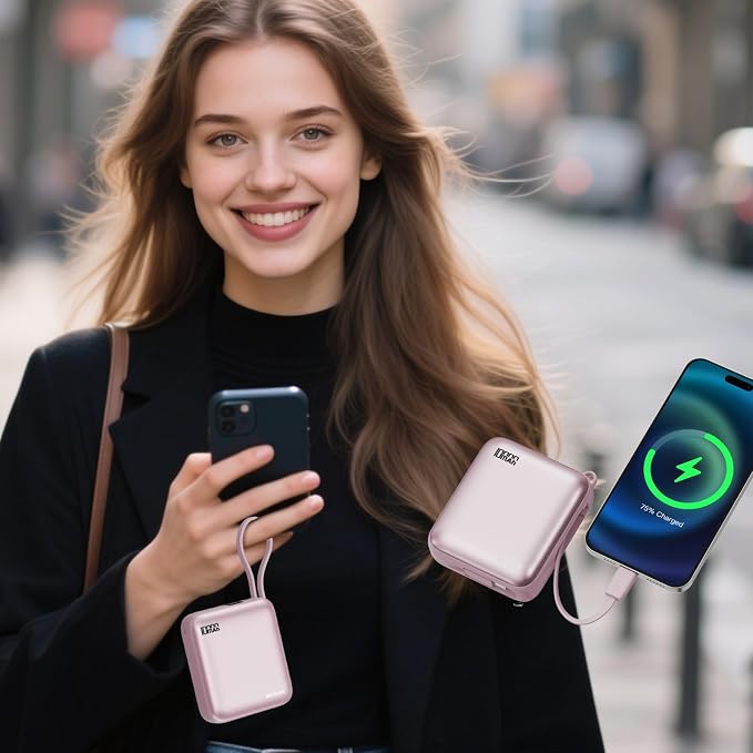 10000mAh Small Portable Charger with Built in Cables LED Display Pink | Mini Power Bank 22.5W USB-C Fast Charging Battery Pack, Travel Essential Power Bank for iPhone, iPad, Samsung, Android - Image 7