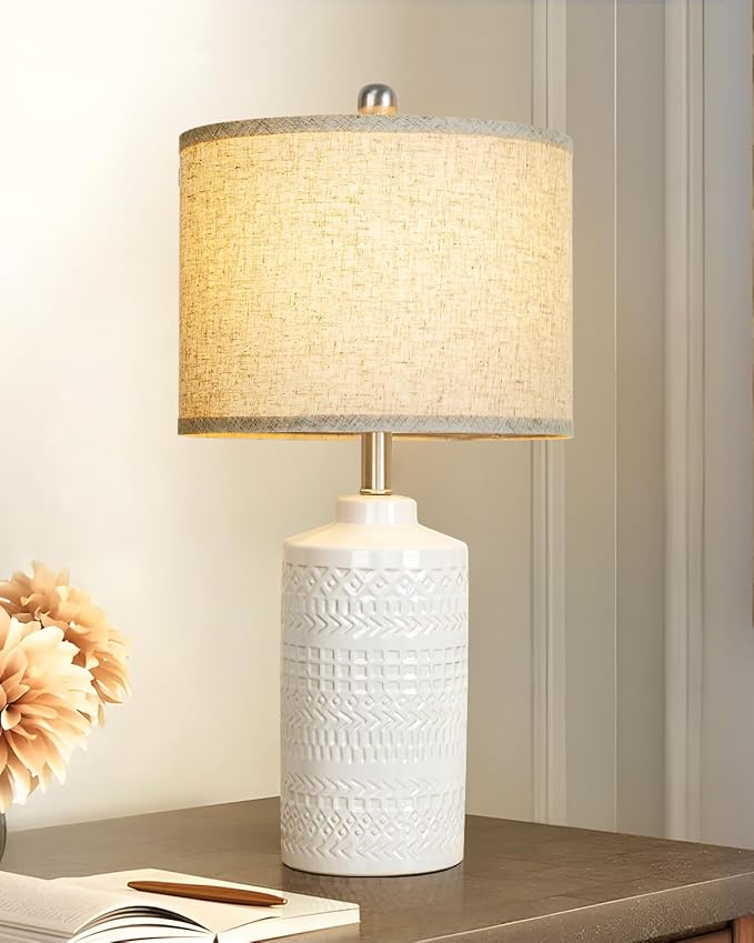 JUNNAI White Ceramic Table Lamp with Beige Shade: 3-Way Dimmable Night Stand Light Lamp 24.5" Modern Table Lamps for Living Room Bedroom End Table Office Entryway Lamps (Bulb Included by JUNNAI