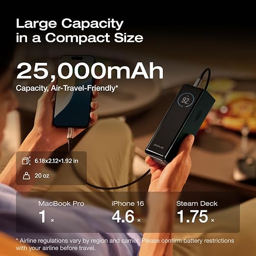 EF ECOFLOW Laptop Power Bank, 25,000mAh 170W Portable Charger with Dual 140W USB-C Ports, Smart Display, Flight-Approved for Travel, Fast Charging for iPhone 17/16 Series, MacBook, Samsung and More - Image 5