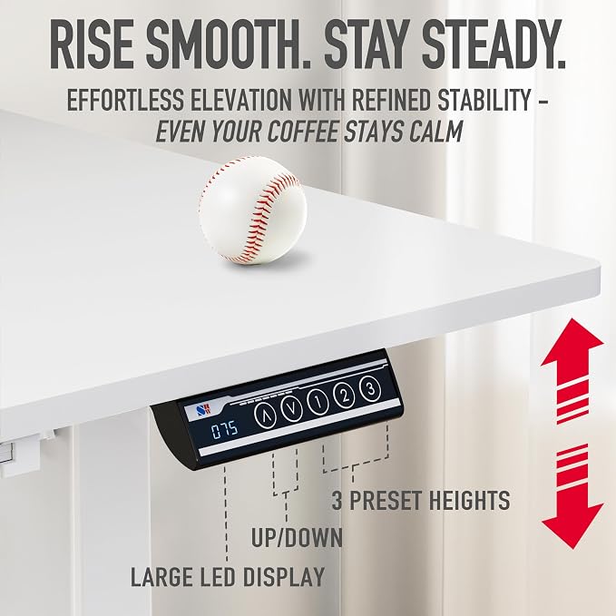 SHW 55 x 28 Electric Height Adjustable Standing Desk w/Drawer, White | w/ Memory Presets and Cable Management | Drawer with adjustable compartments | Hanging Hooks - Image 7