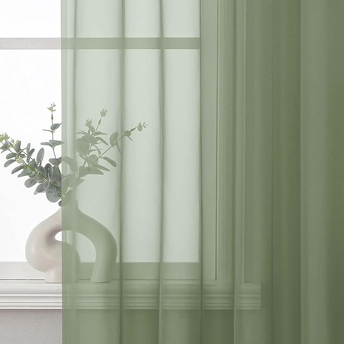 Sage Green Short Sheer Cafe Kitchen Curtains 36 Inch 2 Panels Set | Half Curtains for Living Room Bedroom Basement Bathroom Small window, Sheer curtain over sink, Rod Pocket, Each 42"W x 36"L - Image 2