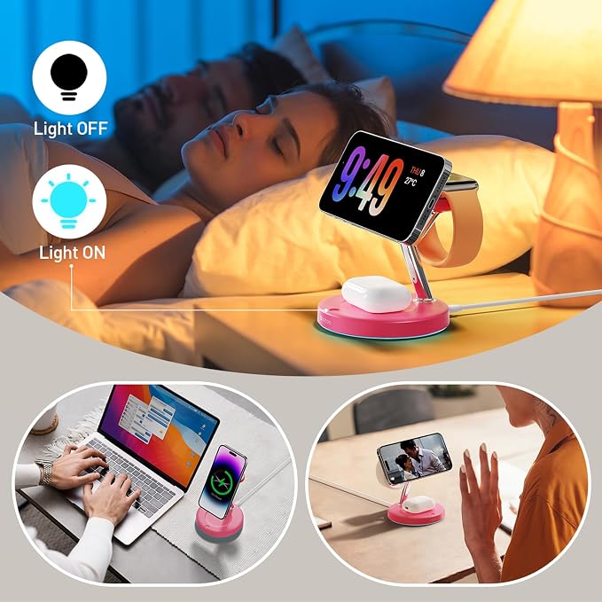 【Adjustable Blue Ambient Light】 Wireless Charger 3 in 1 for iPhone, Magnetic Charging Station for Apple Family,15W Fast MagSafe Charger Stand,for iPhone17-12-iWatch AirPods Series - Image 7